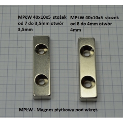 Magnes neodymowy płytkowy pod wkręt MPŁW 40x10x5 [N38] stożek 7 mm do 3,5 mm N lub S